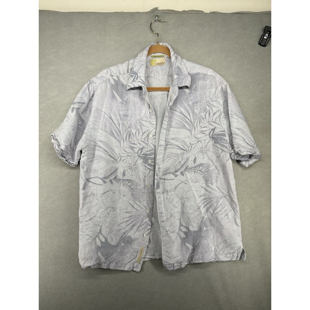 Cubavera Shirt Men's Sz L White Palms Button Up Linen Blend Short Sleeve Pockets